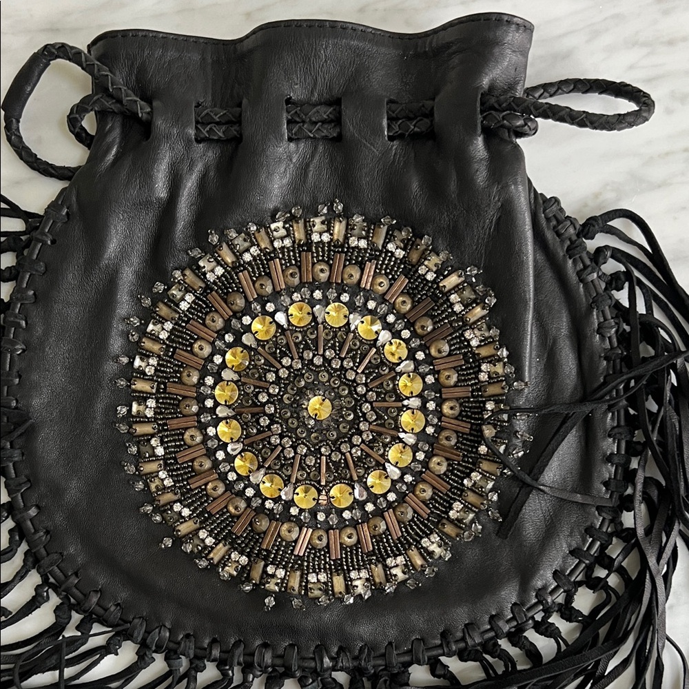 Vintage Cleobella Black and Gold Beaded Fringe Drawstring Leather Wristlet - Picture 7 of 11